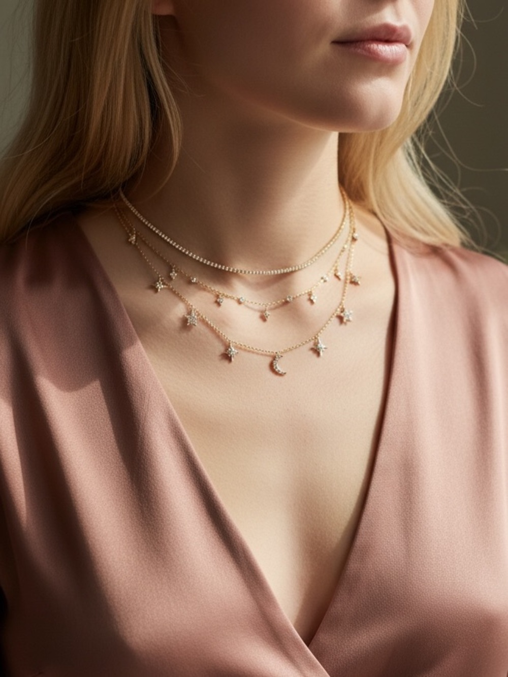“Moon Child” Starry Diamond Night Sky Layered Trendy Gold Festival Necklace - Picture 2 of 4